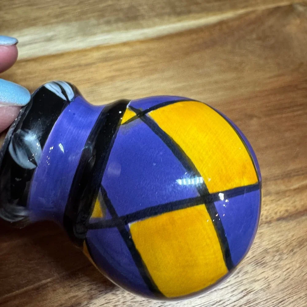 Hand Painted Ceramic Wine Bottle Stopper Purple Yellow Harlequin Geometric Cork